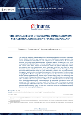 The Fiscal Effects of Economic Immigration on Subnational Government Finance in Poland1