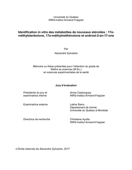 Identification in Vitro Des Métabolites De Nouveaux Stéroïdes : 17Α- Méthylstenbolone, 17Α-Méthylméthénolone Et Androst-2-En-17-One