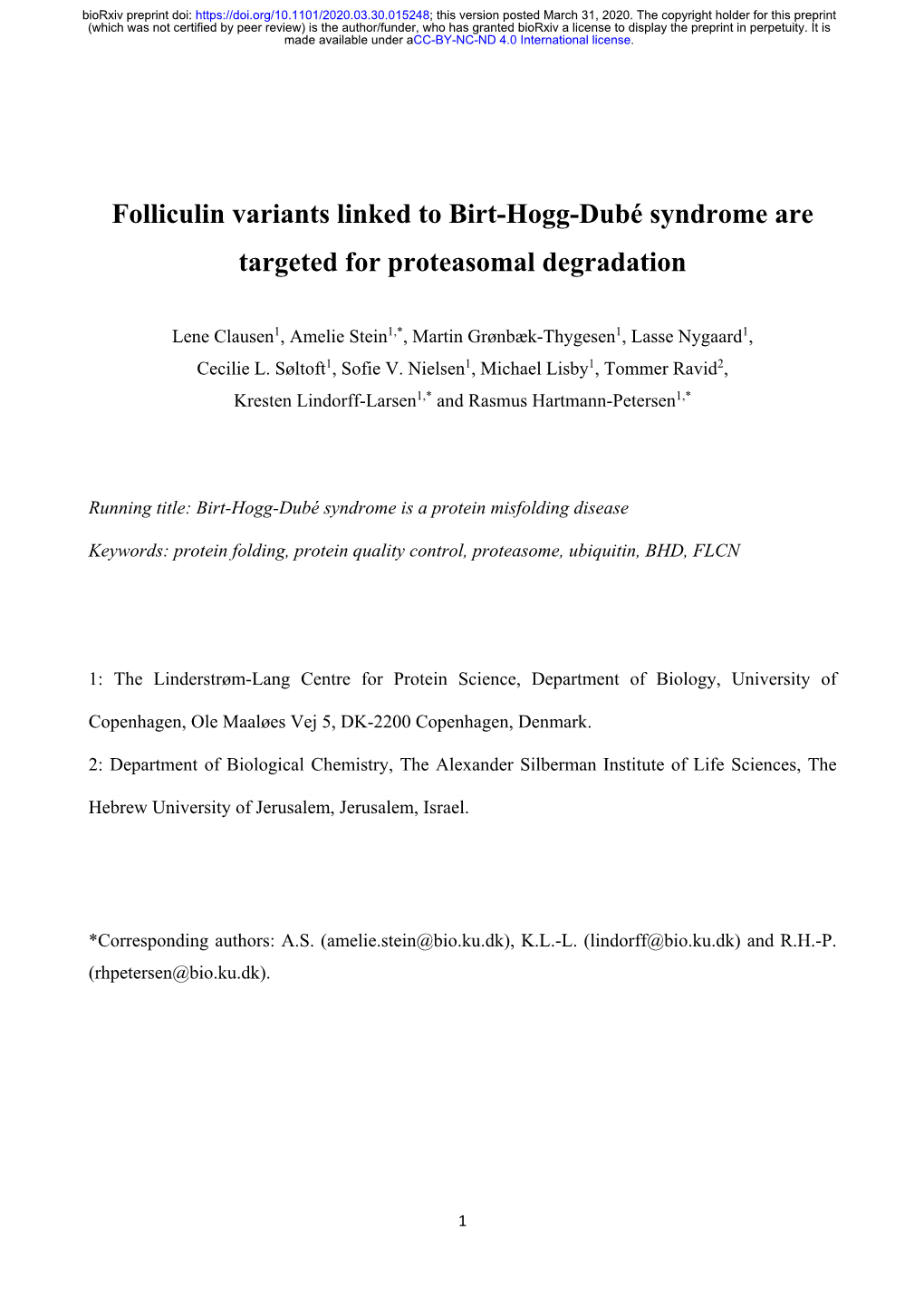 Folliculin Variants Linked to Birt-Hogg-Dubé Syndrome Are Targeted for Proteasomal Degradation