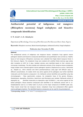 Rhizophora Racemosa) Fungal Endophytes and Bioactive Compounds Identification