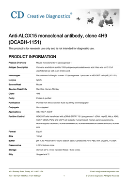 Anti-ALOX15 Monoclonal Antibody, Clone 4H9 (DCABH-1151) This Product Is for Research Use Only and Is Not Intended for Diagnostic Use