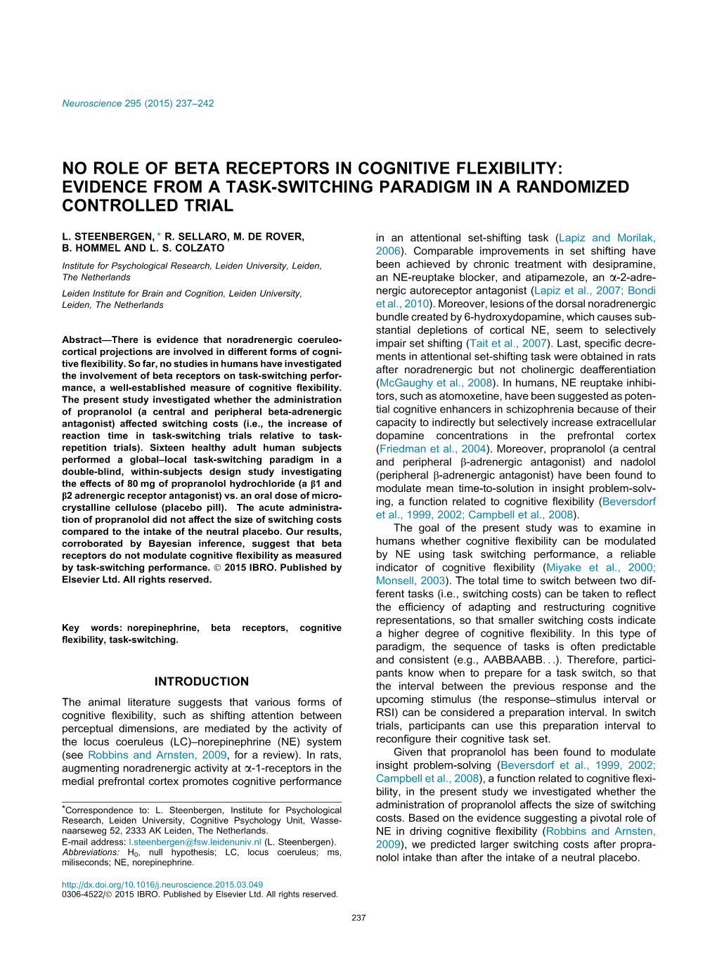 No Role of Beta Receptors in Cognitive Flexibility: Evidence from a Task-Switching Paradigm in a Randomized Controlled Trial