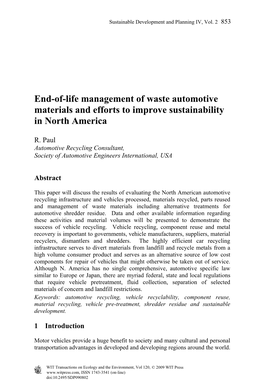 End-Of-Life Management of Waste Automotive Materials and Efforts to Improve Sustainability in North America