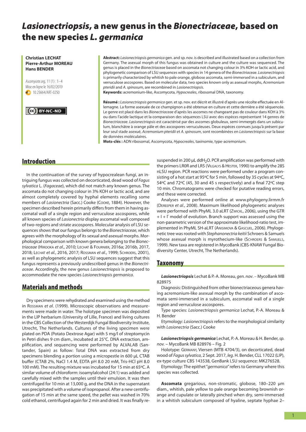 Lasionectriopsis, a New Genus in the Bionectriaceae, Based on the New Species L