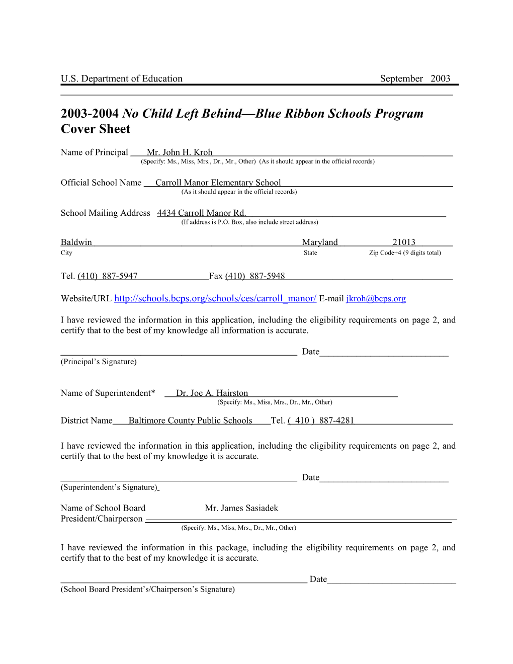 Carroll Manor Elementary School 2004 No Child Left Behind-Blue Ribbon School Application