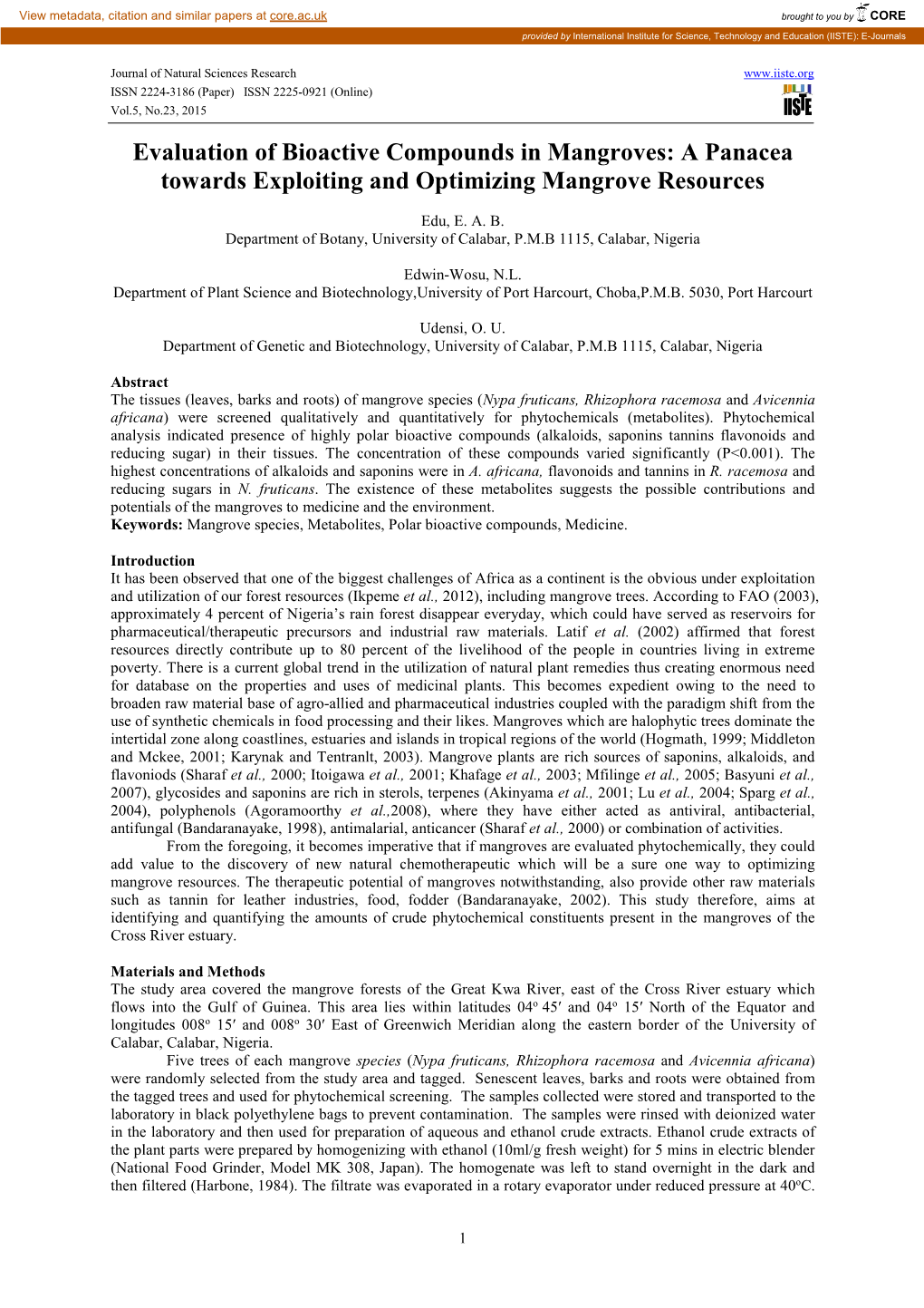 Evaluation of Bioactive Compounds in Mangroves: a Panacea Towards Exploiting and Optimizing Mangrove Resources