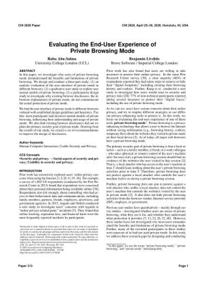 Evaluating the End-User Experience of Private Browsing Mode Ruba Abu-Salma Benjamin Livshits University College London (UCL) Brave Software / Imperial College London