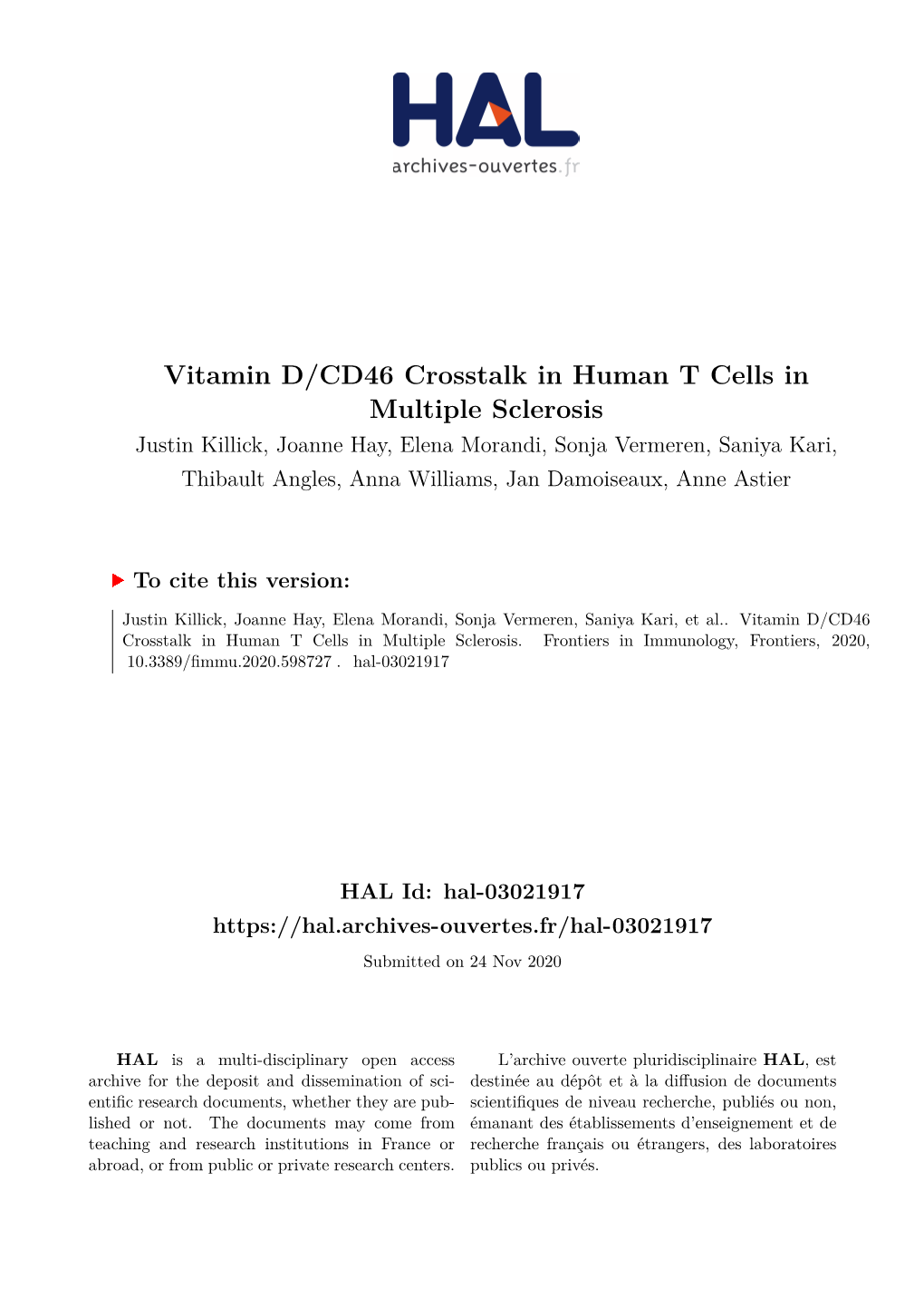 Vitamin D/CD46 Crosstalk in Human T Cells in Multiple Sclerosis