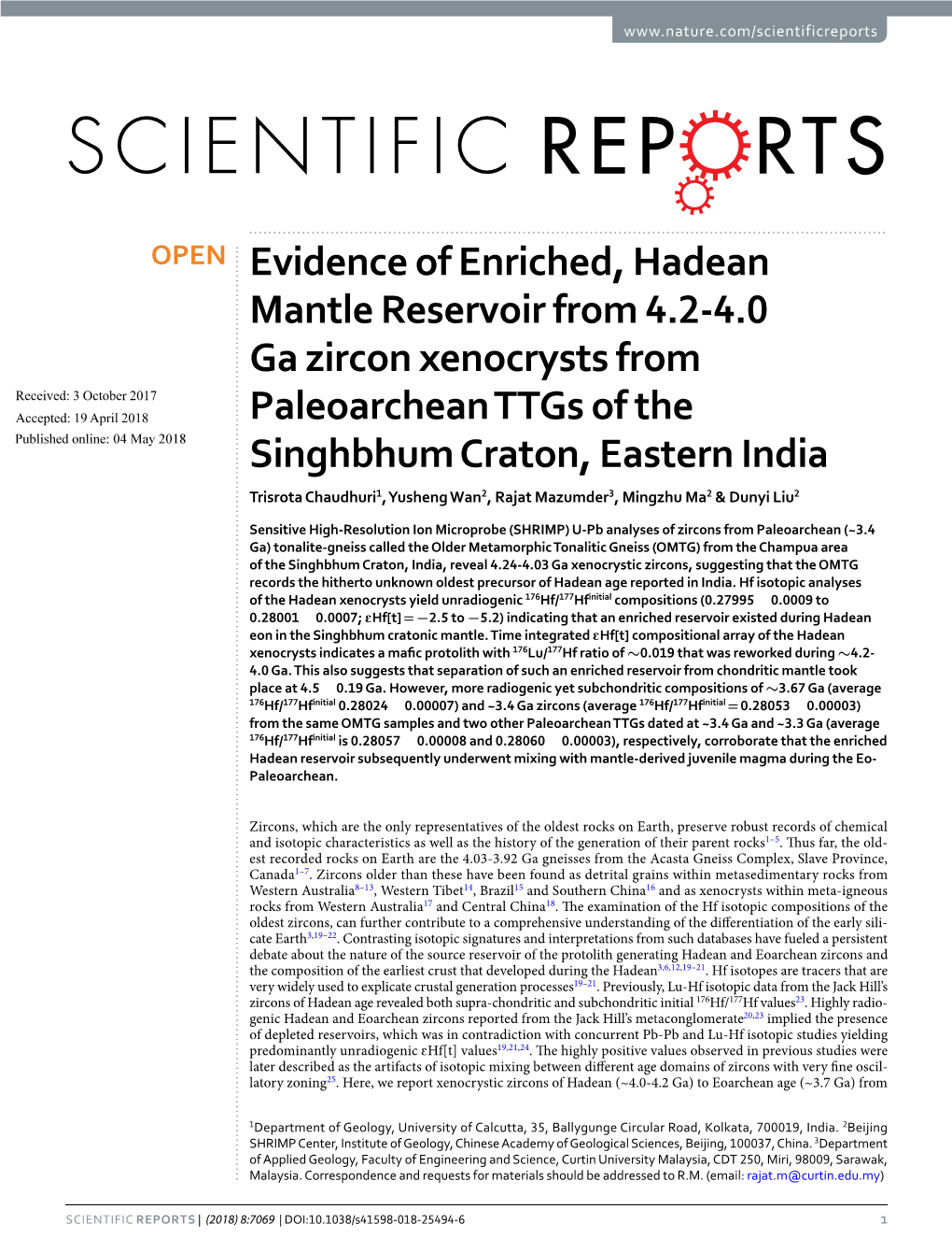 Evidence of Enriched, Hadean Mantle Reservoir from 4.2-4.0 Ga Zircon