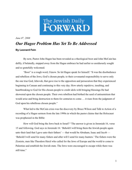 Our Hagee Problem Has Yet to Be Addressed