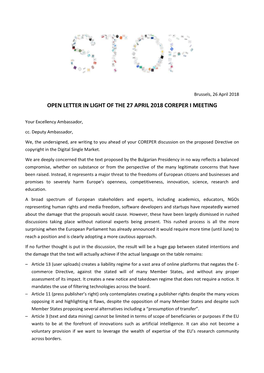 Open Letter in Light of the 27 April 2018 Coreper I Meeting