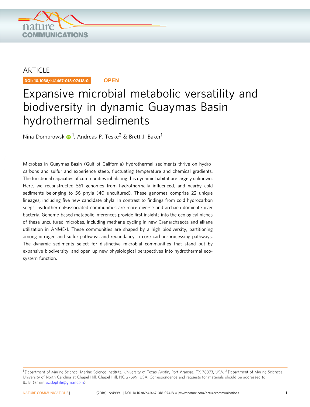 Expansive Microbial Metabolic Versatility and Biodiversity in Dynamic Guaymas Basin Hydrothermal Sediments