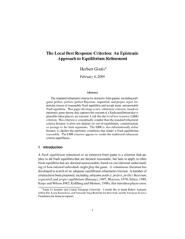 An Epistemic Approach to Equilibrium Refinement Herbert Gintis