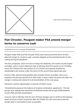 Fiat Chrysler, Peugeot Maker PSA Amend Merger Terms to Conserve Cash