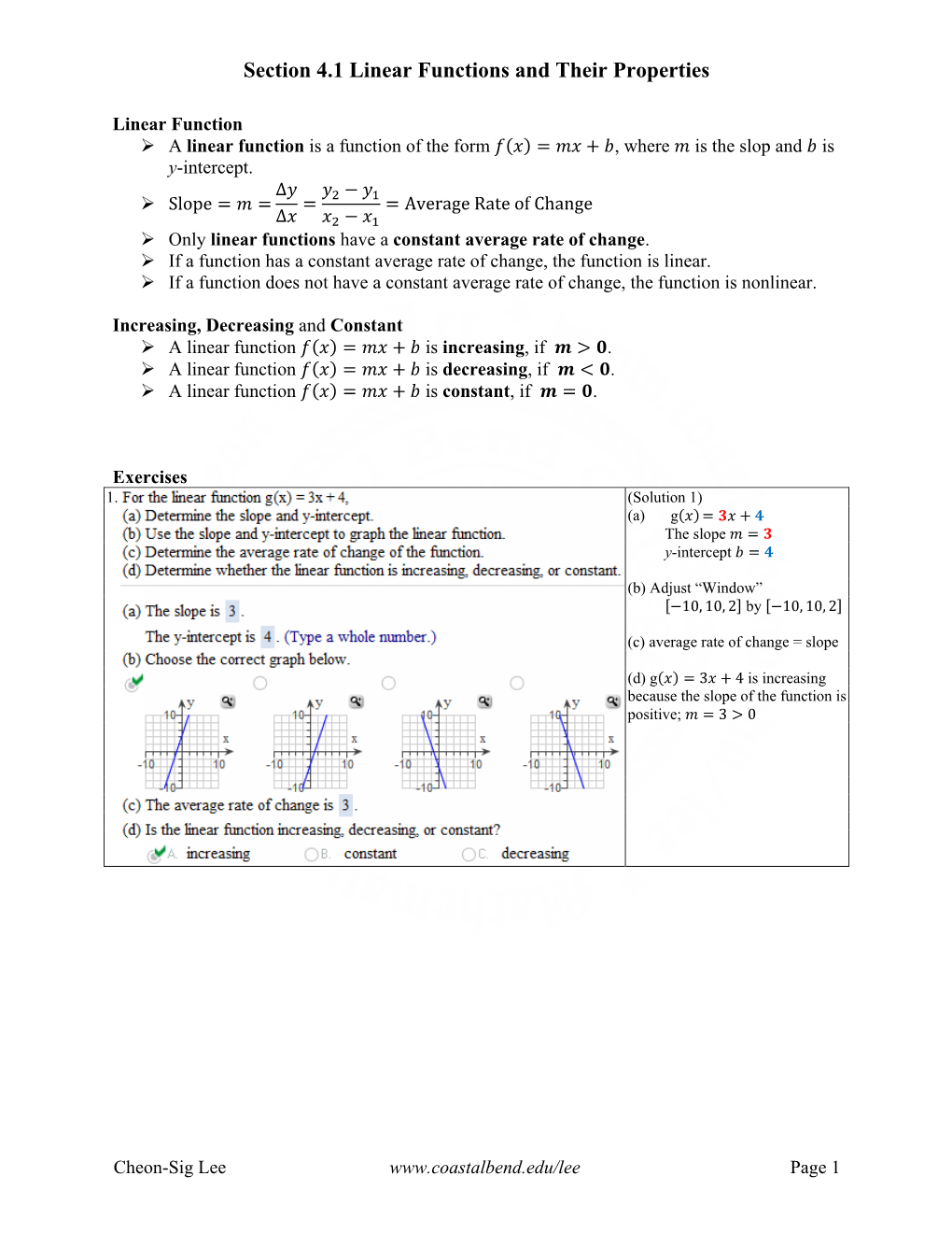 Section 4.1 Linear Functions and Their Properties