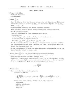 Math 163 — R E V I E W E X a M 3 — Fall 2016 Topics Covered 1