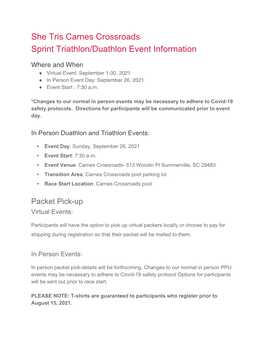 She Tris Carnes Crossroads Sprint Triathlon/Duathlon Event Information