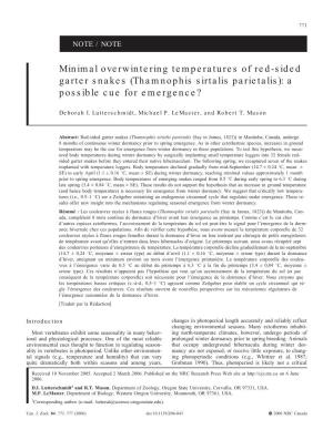 Minimal Overwintering Temperatures of Red-Sided Garter Snakes (Thamnophis Sirtalis Parietalis): a Possible Cue for Emergence?
