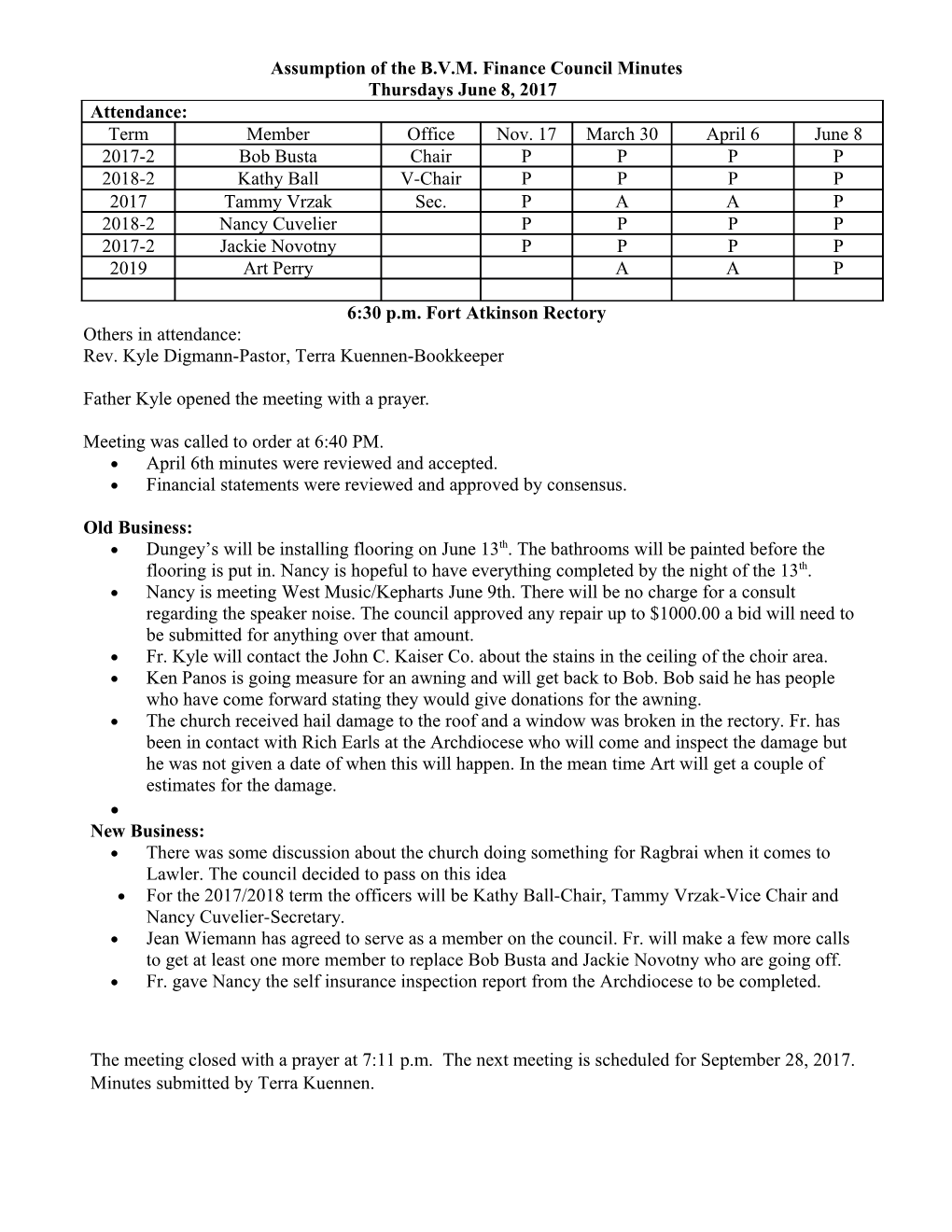 Assumption of the B.V.M. Finance Council Minutes