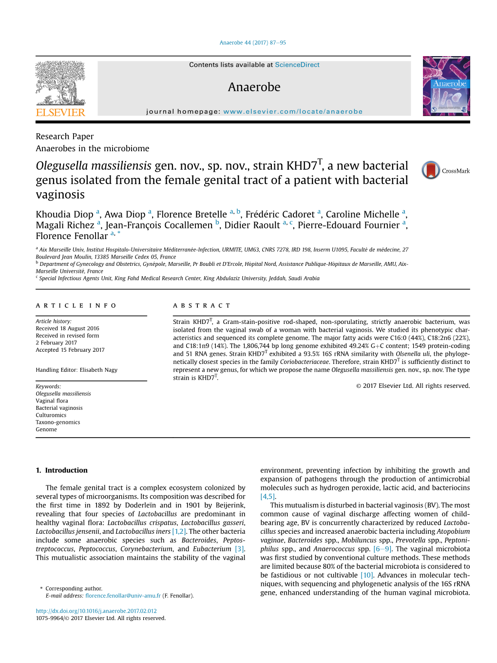 Olegusella Massiliensis Gen. Nov., Sp. Nov., Strain KHD7T, a New Bacterial Genus Isolated from the Female Genital Tract of a Patient with Bacterial Vaginosis