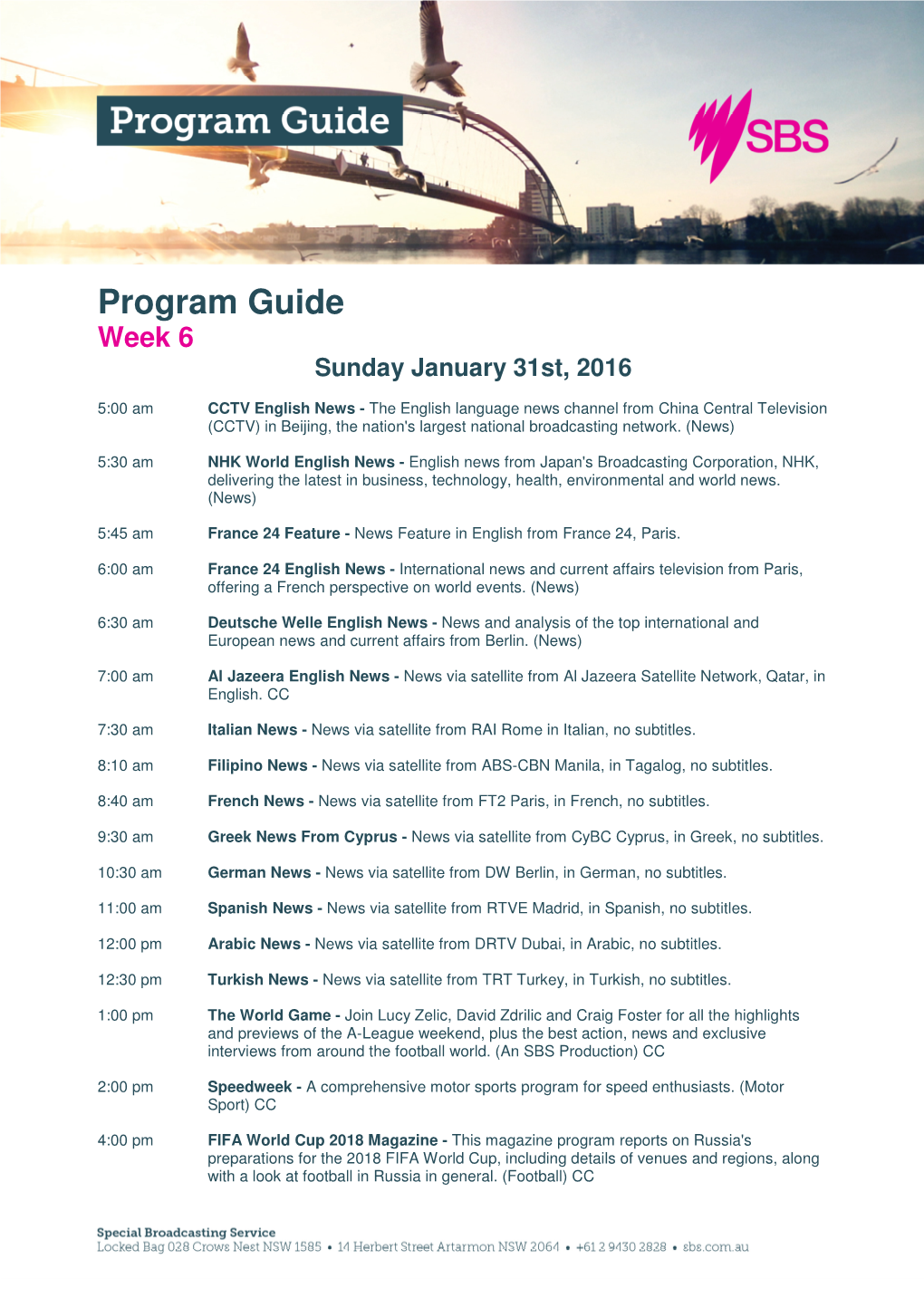 Program Guide Week 6 Sunday January 31St, 2016