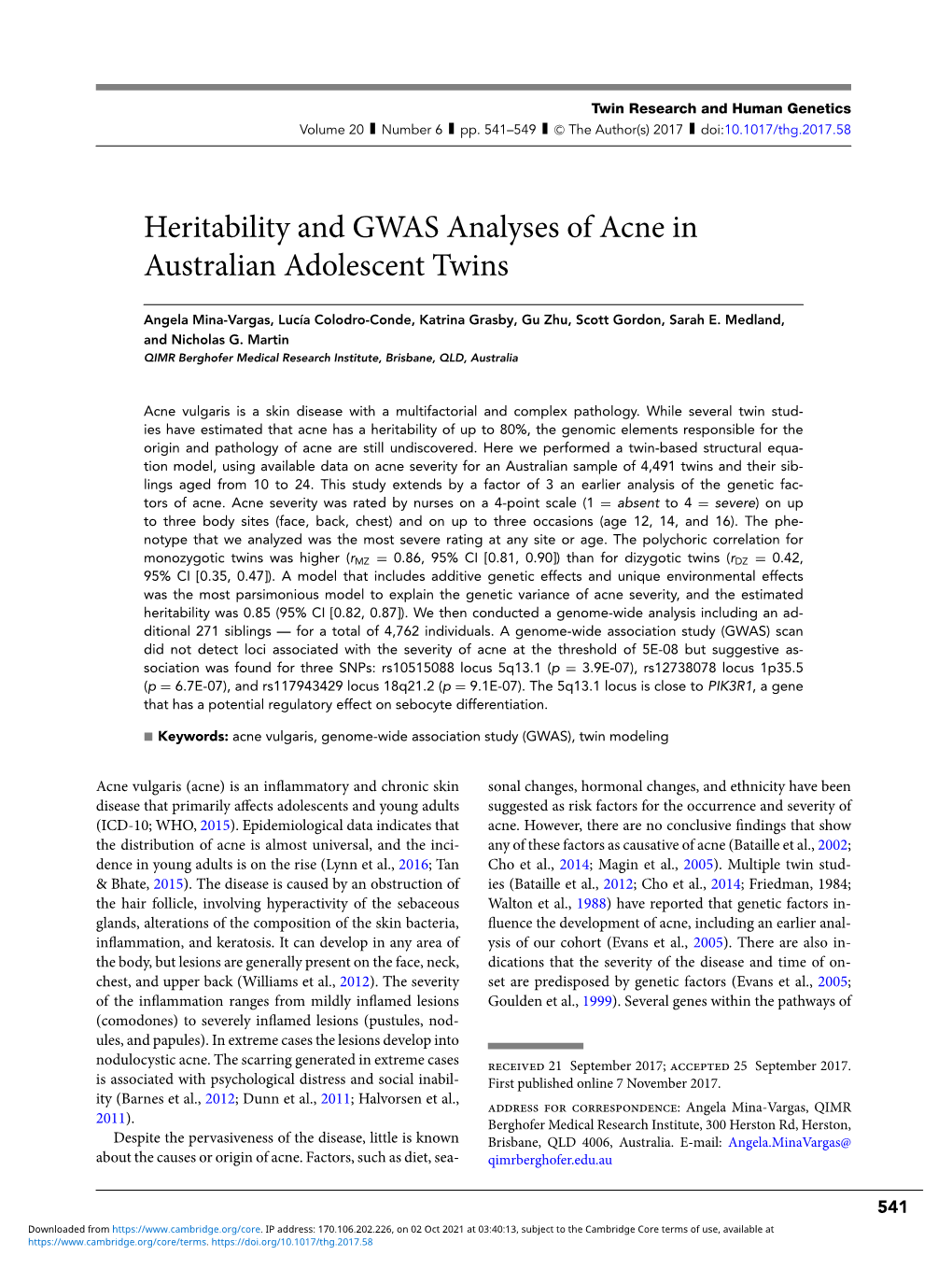 Heritability and GWAS Analyses of Acne in Australian Adolescent Twins