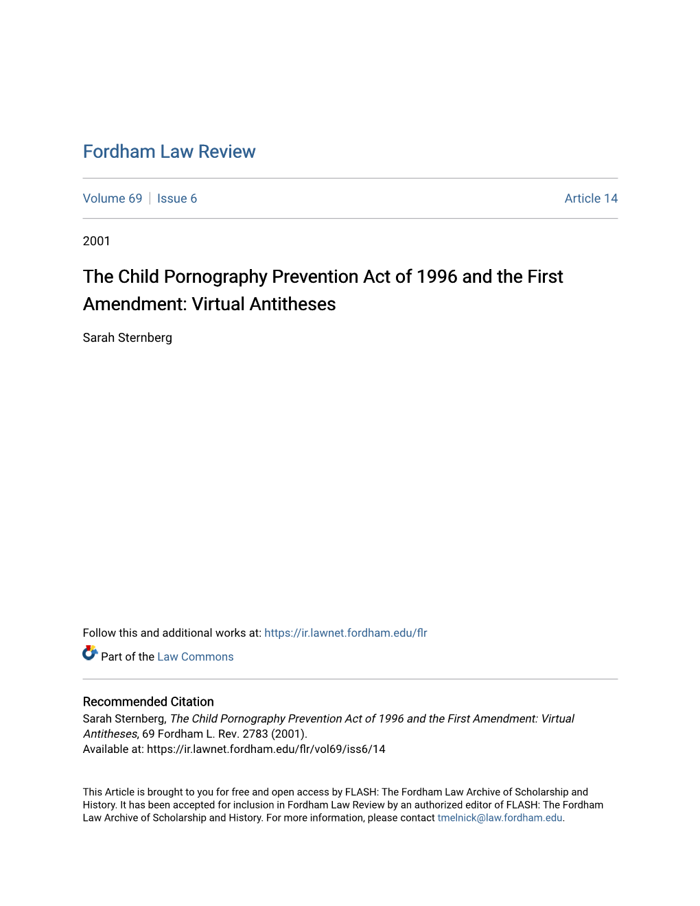 The Child Pornography Prevention Act of 1996 and the First Amendment: Virtual Antitheses