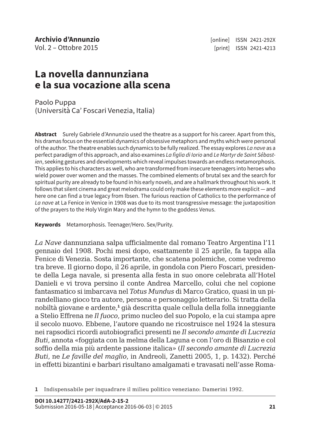 La Novella Dannunziana E La Sua Vocazione Alla Scena