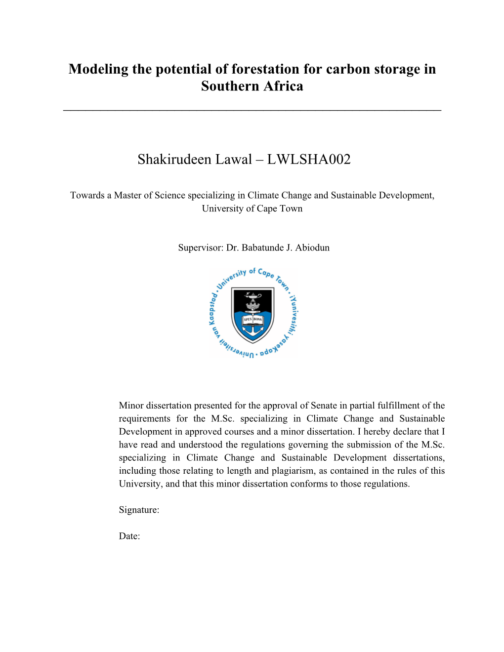 Modeling the Potential of Forestation for Carbon Storage in Southern Africa ______