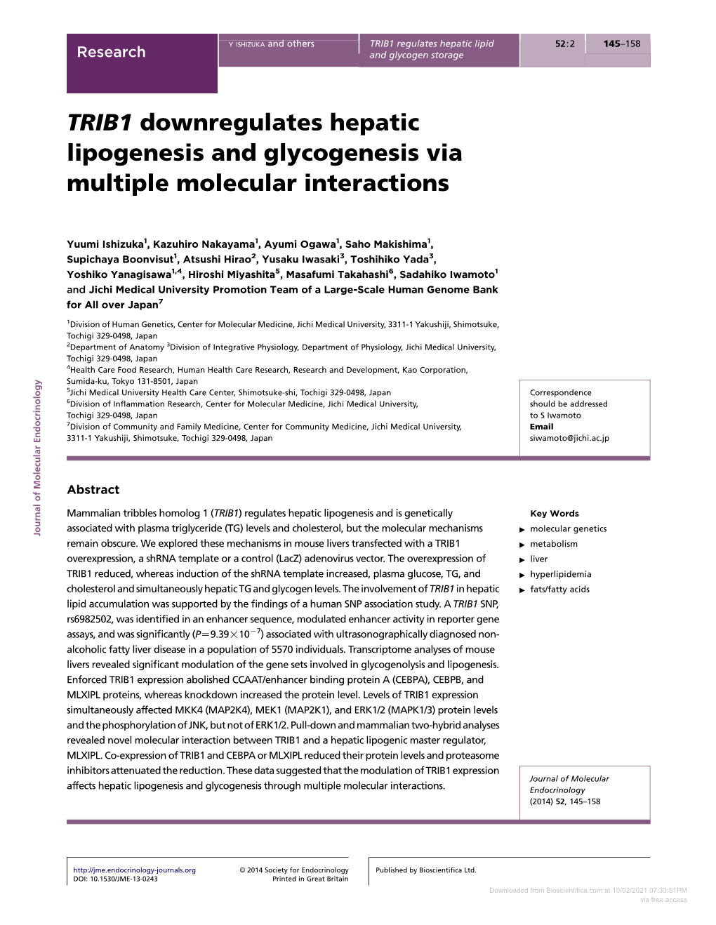 TRIB1 Downregulates Hepatic Lipogenesis and Glycogenesis Via Multiple Molecular Interactions