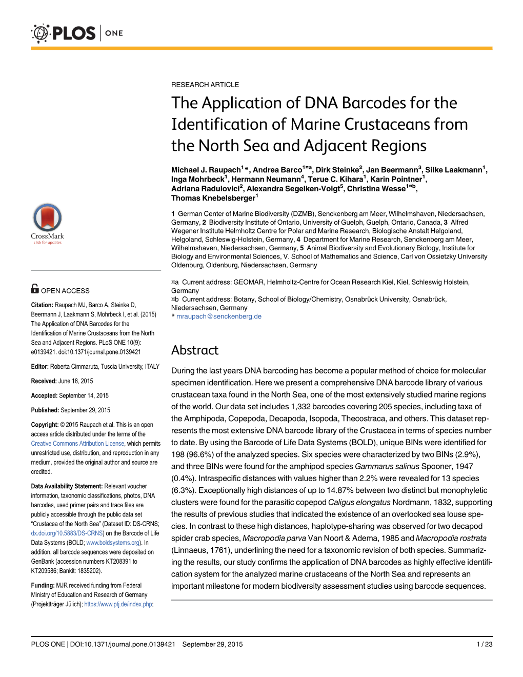 The Application of DNA Barcodes for the Identification of Marine Crustaceans from the North Sea and Adjacent Regions