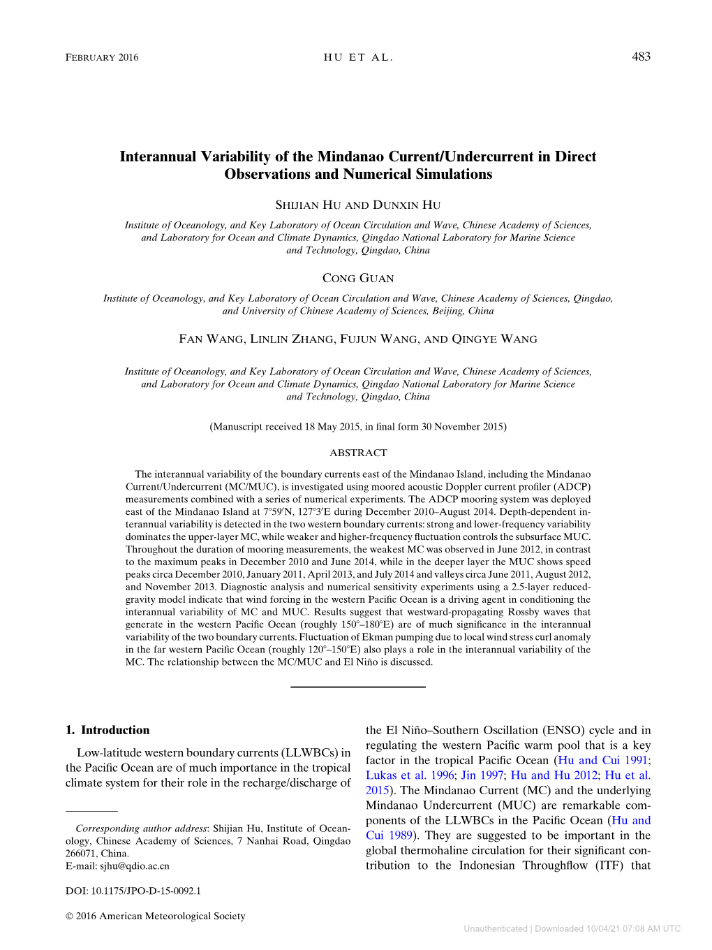 Interannual Variability of the Mindanao Current/Undercurrent in Direct Observations and Numerical Simulations