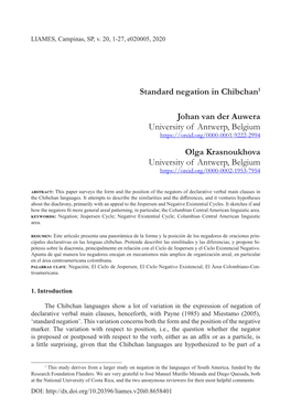 Standard Negation in Chibchan1 Johan Van Der Auwera University Of