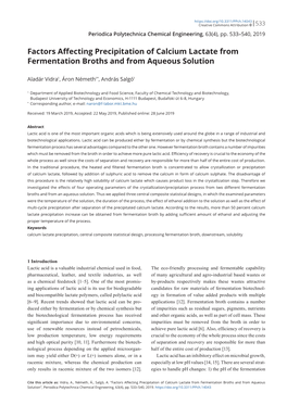 Factors Affecting Precipitation of Calcium Lactate from Fermentation Broths and from Aqueous Solution