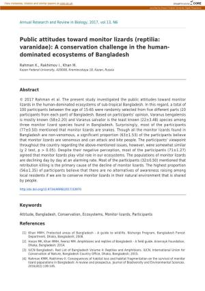 Public Attitudes Toward Monitor Lizards (Reptilia: Varanidae): a Conservation Challenge in the Human- Dominated Ecosystems of Bangladesh