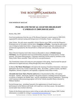 Psalms and Musical Legends Highlight Camerata's 2009-2010 Season