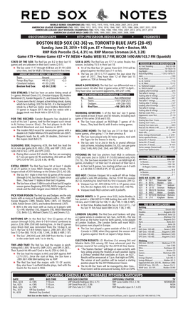 Red Sox Game Notes TODAY’S STARTING PITCHER Page 2 22-RICK PORCELLO, RHP 5-6, 4.31 ERA, 15 Starts