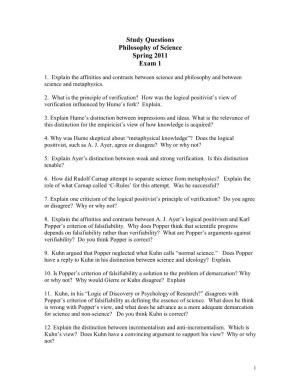 Study Questions Philosophy of Science Spring 2011 Exam 1