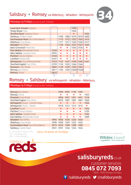 Salisbury • Romsey Via Alderbury - Whaddon - Whiteparish 34 Mondays to Fridays Except Public Holidays