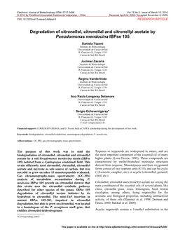 Degradation of Citronellol, Citronellal and Citronellyl Acetate by Pseudomonas Mendocina Ibpse 105