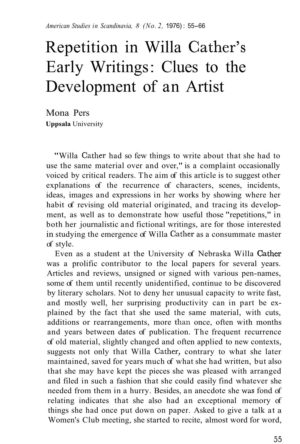 Repetition in Willa Cather's Early Writings : Clues to the Development of an Artist