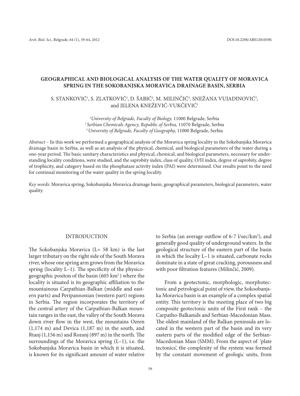 Geographical and Biological Analysis of the Water Quality of Moravica Spring in the Sokobanjska Moravica Drainage Basin, Serbia