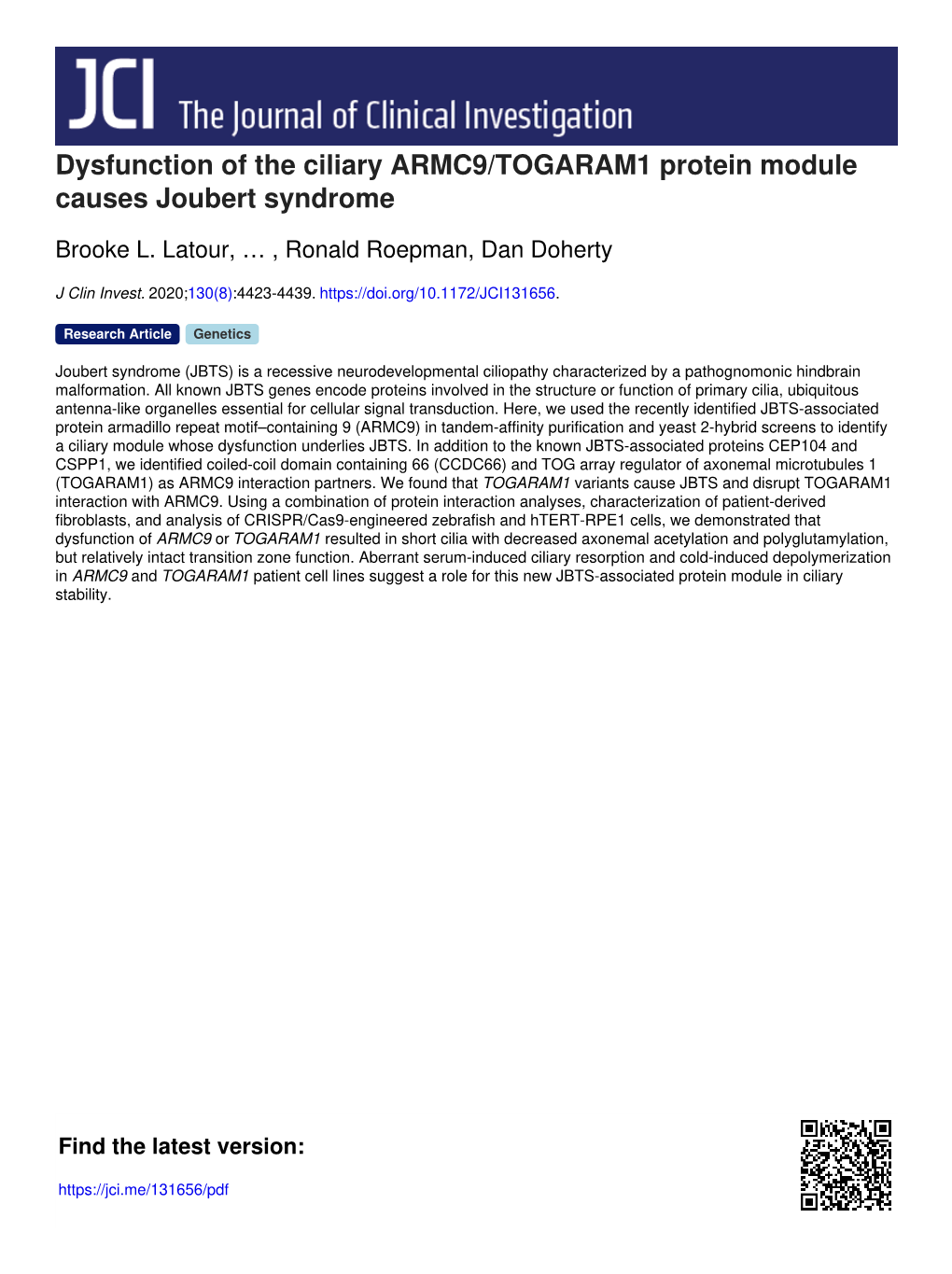 Dysfunction of the Ciliary ARMC9/TOGARAM1 Protein Module Causes Joubert Syndrome