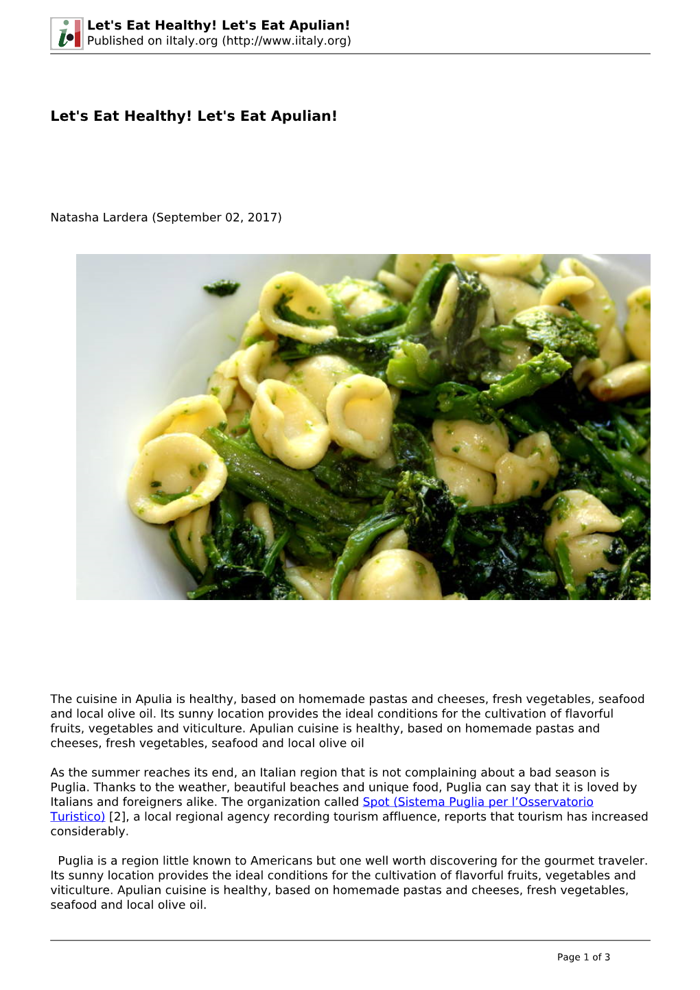 Let's Eat Healthy! Let's Eat Apulian! Published on Iitaly.Org (