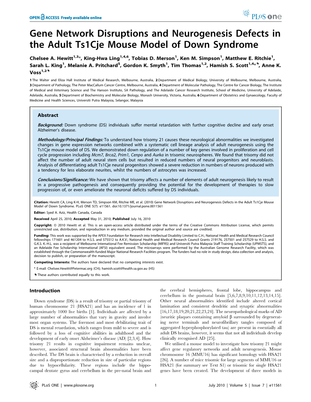 Gene Network Disruptions and Neurogenesis Defects in the Adult Ts1cje Mouse Model of Down Syndrome