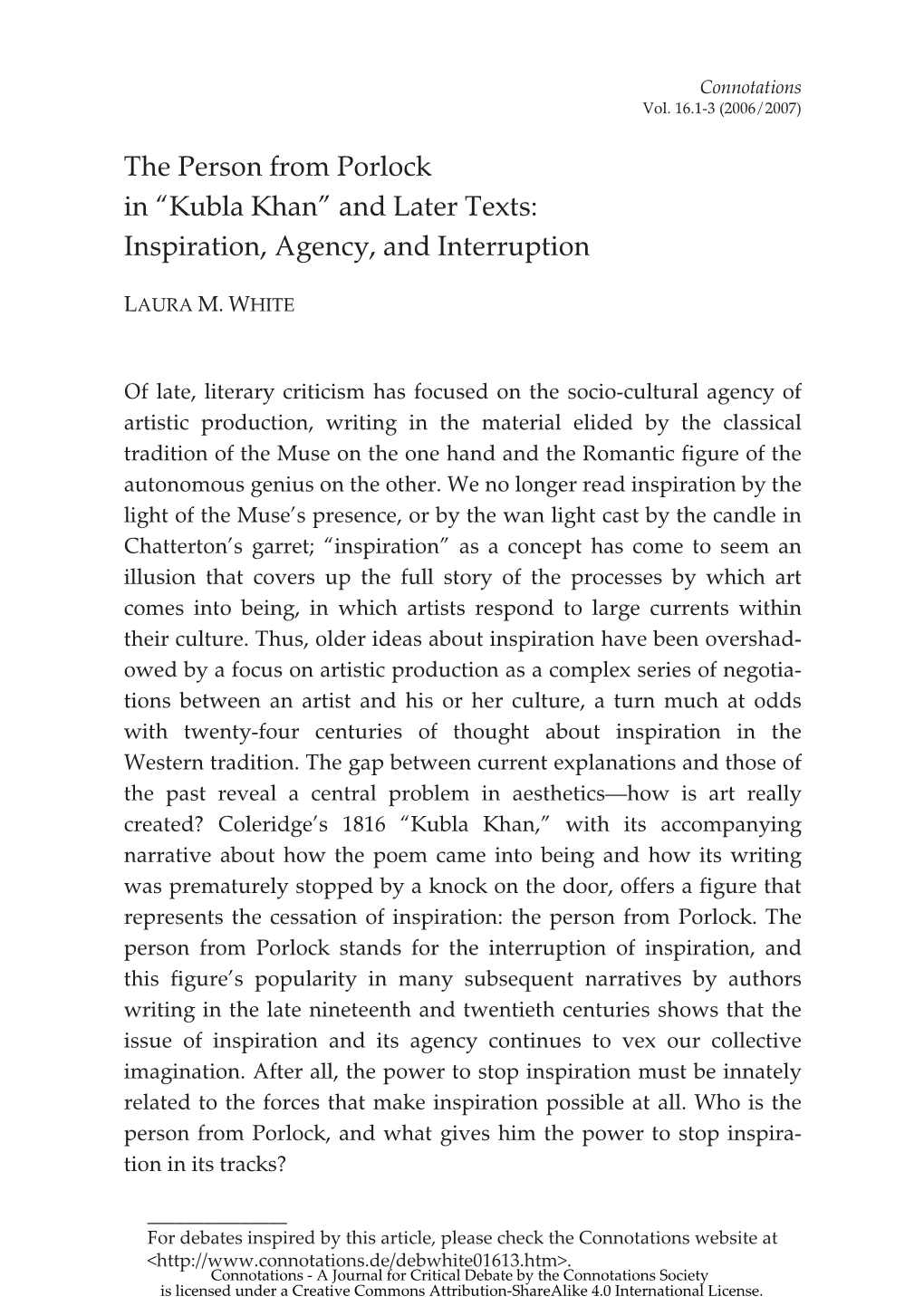 Kubla Khan” and Later Texts: Inspiration, Agency, and Interruption