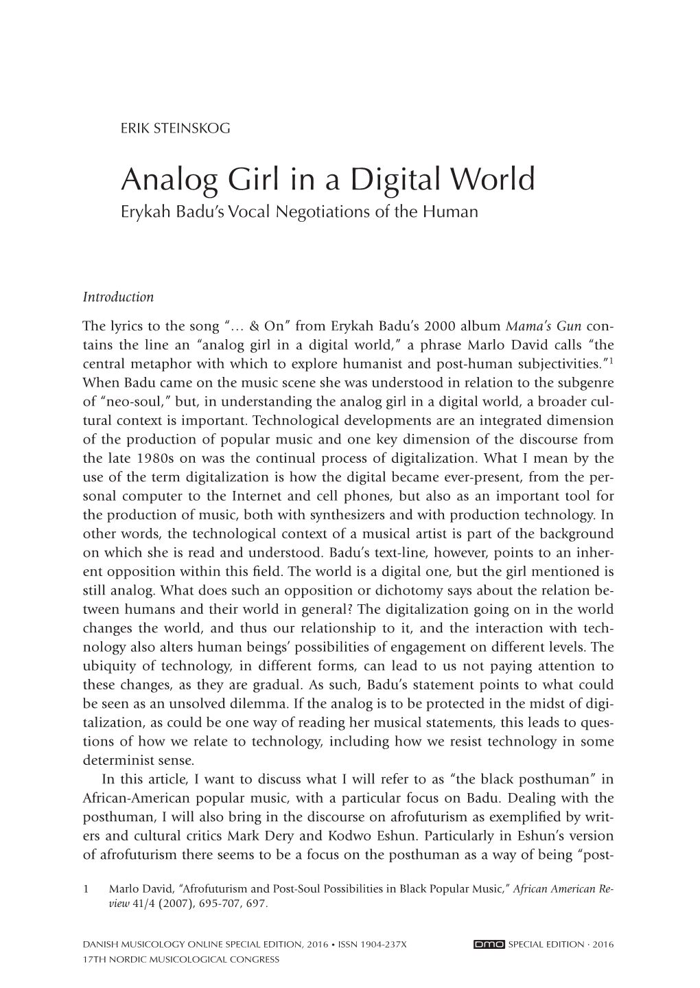 Analog Girl in a Digital World Erykah Badu’S Vocal Negotiations of the Human