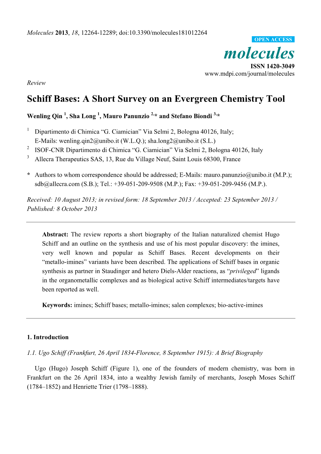 Schiff Bases: a Short Survey on an Evergreen Chemistry Tool