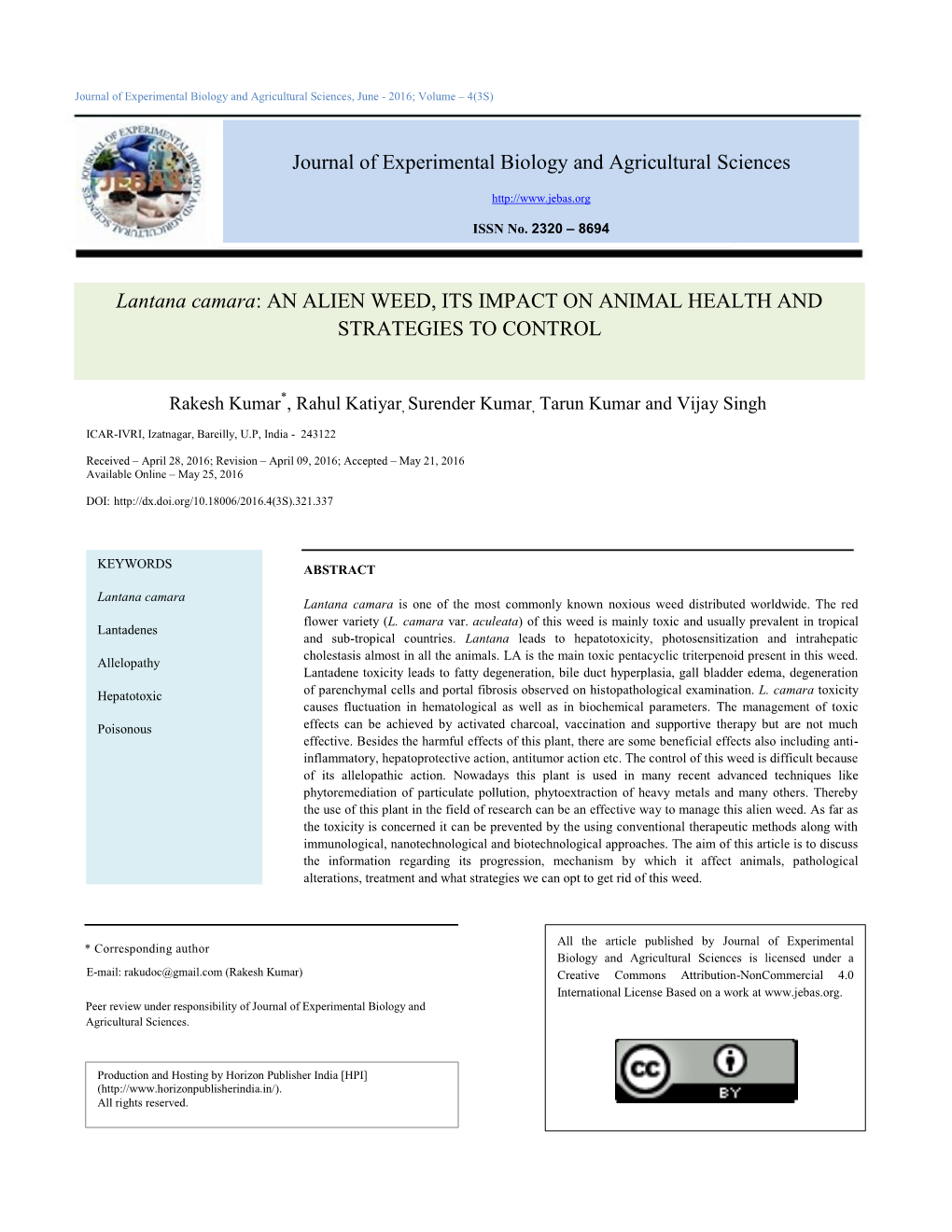 Lantana Camara: an ALIEN WEED, ITS IMPACT on ANIMAL HEALTH and STRATEGIES to CONTROL