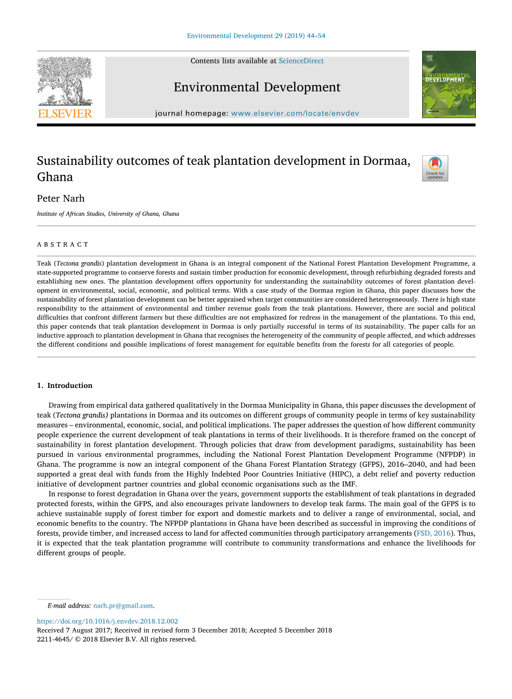 Sustainability Outcomes of Teak Plantation Development in Dormaa, Ghana T